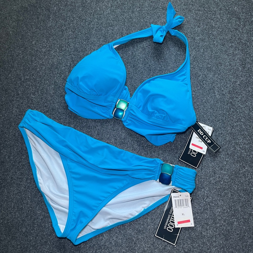 2Bamboo Bikini Set Womens 32DD/XL Turquoise New Halter DD Cup Embellished